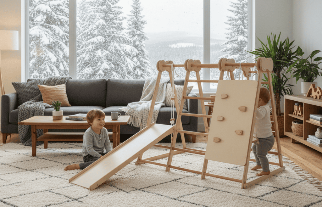 two children are playing on the play gym indoors
