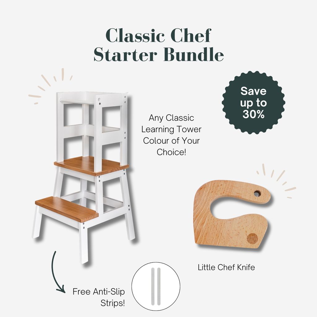 Classic Chef Starter Bundle with learning tower and knife on a gray background