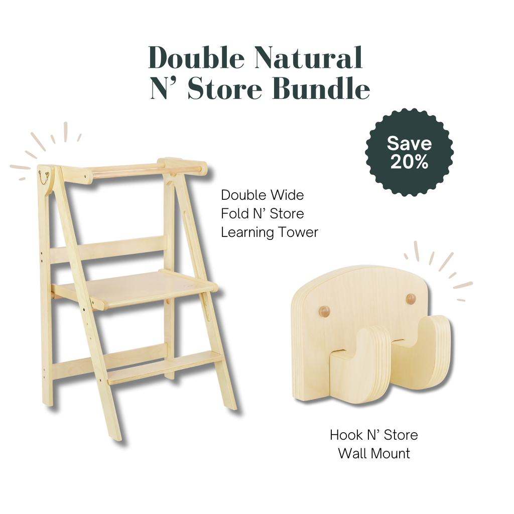 Double Wide Fold N' Store Learning Tower and Hook N' Store Wall Mount with promotional text on a white background