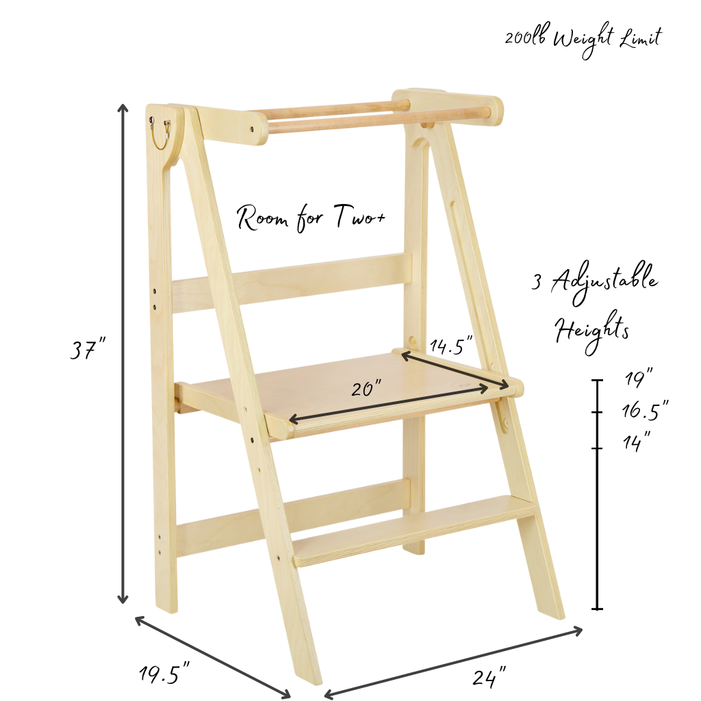 An infographic of the double wide learning tower in the open position with dimensions. 