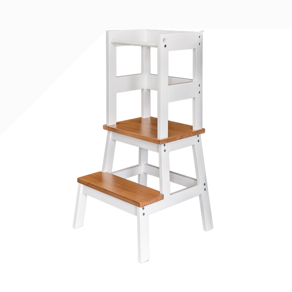 White learning tower with wooden platforms on a white background