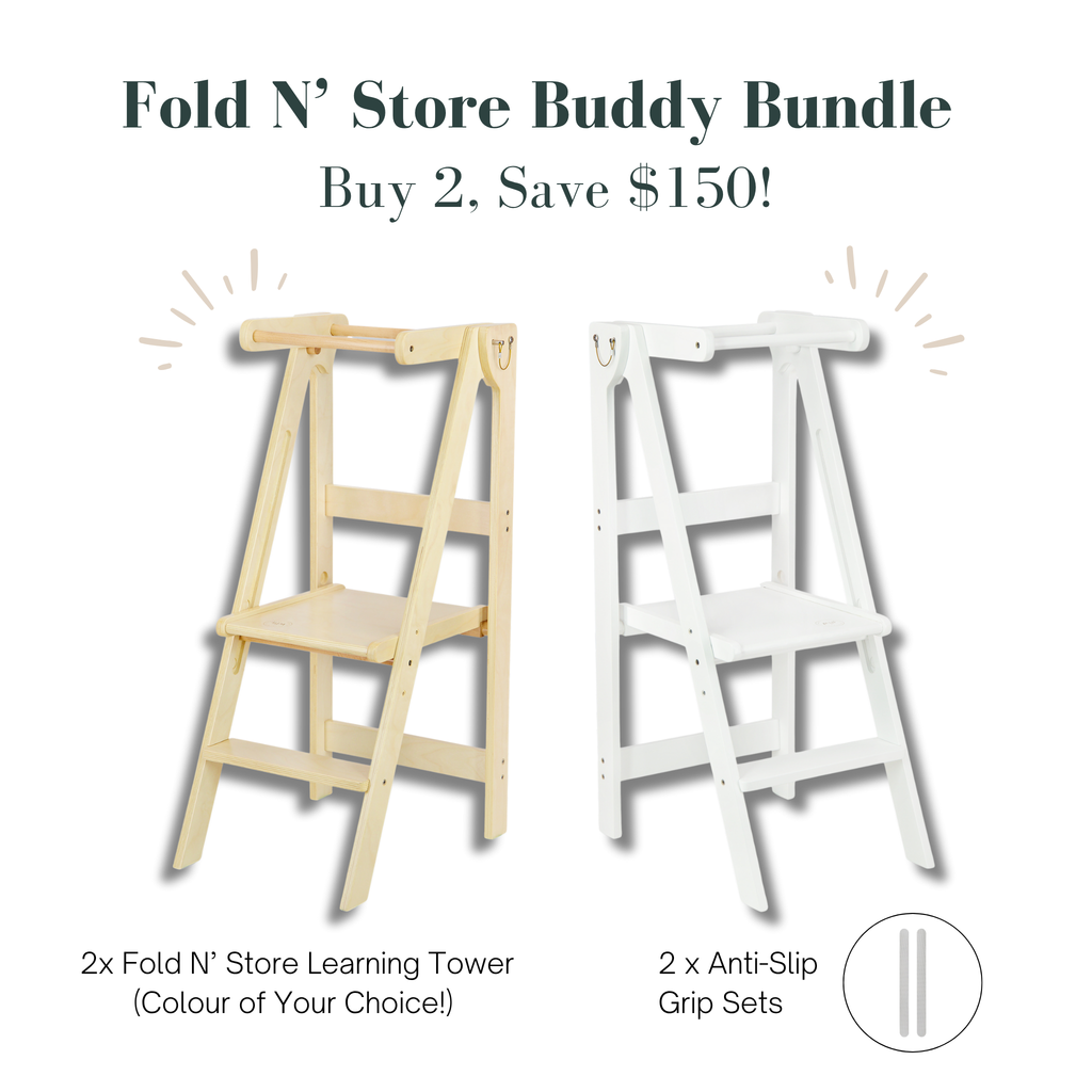 Fold N' Store Buddy Bundle with two wooden learning towers and anti-slip grip sets on a white background.
