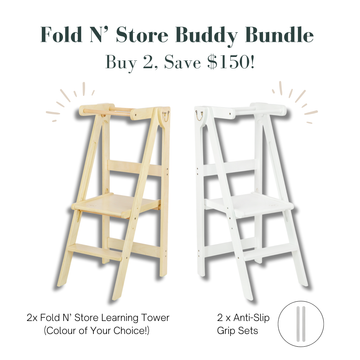 Fold N' Store Buddy Bundle with two wooden learning towers and anti-slip grip sets on a white background.