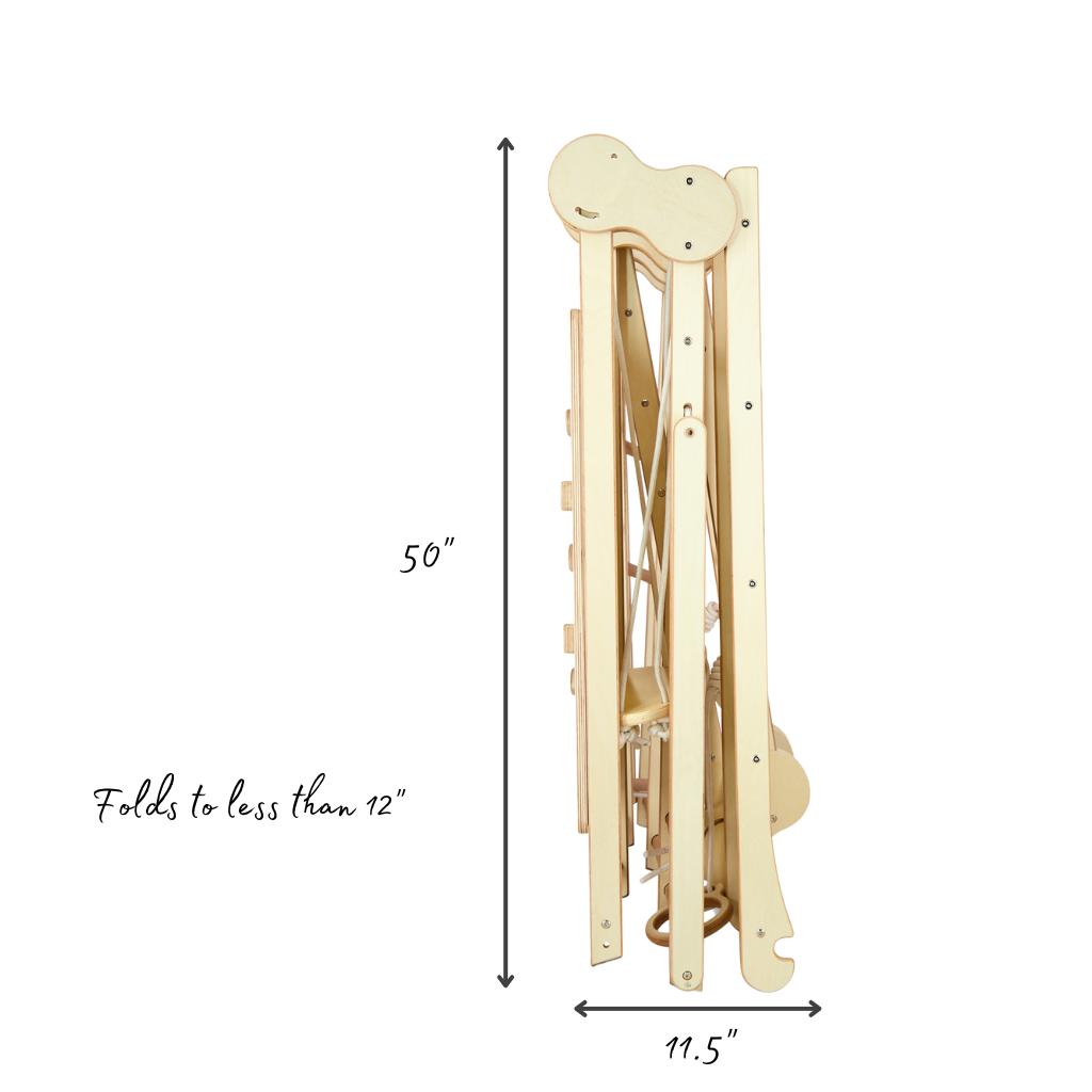 A wooden kids climbing gym folded flat with dimensions in an infographic format. 