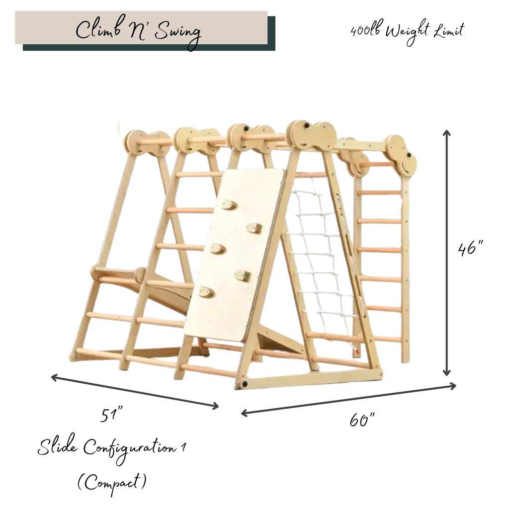 An infographic of a wooden kids indoor climbing gym with dimensions. 