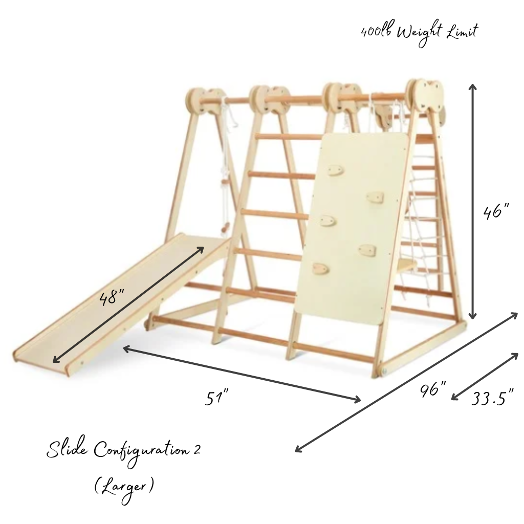 An infographic of a kids climbing gym with arrows and dimensions showing different configurations and sizes. 