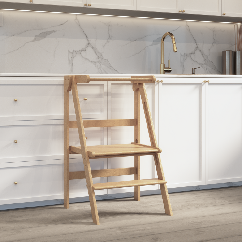 Another picture or our double wide natural kitchen helper displayed in a kitchen with the platform set to the centre height of 3 heights. 