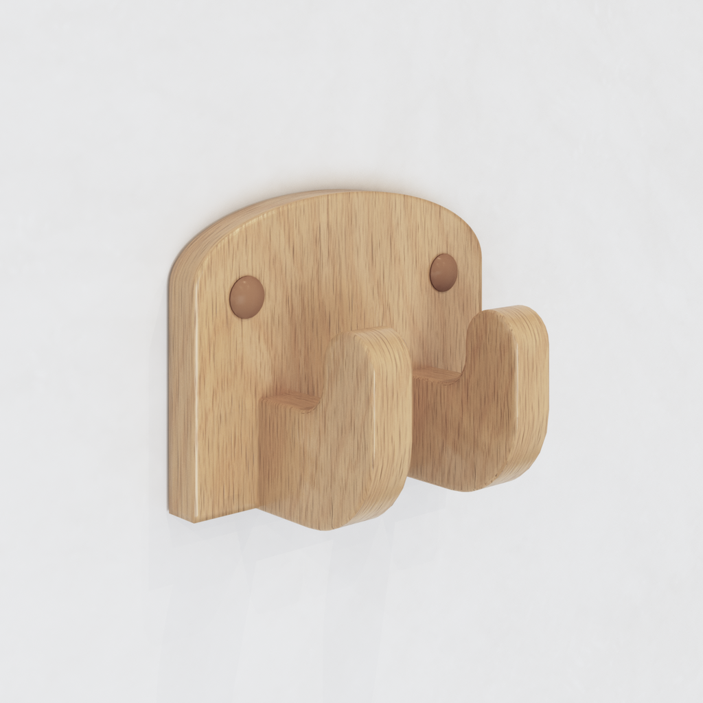 A natural wooden wall mount hook to hang our Fold N' Store learning towers from pictured alone mounted on the wall. 