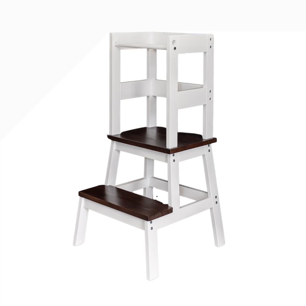 Walnut & white step stool with wooden platforms on a white background