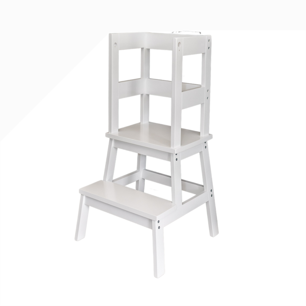 White step stool with multiple levels on a white background