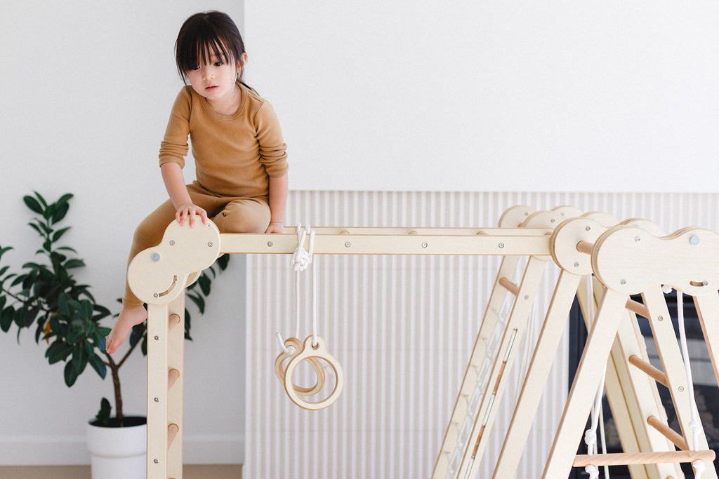 the little girl is at the top of the play gym
