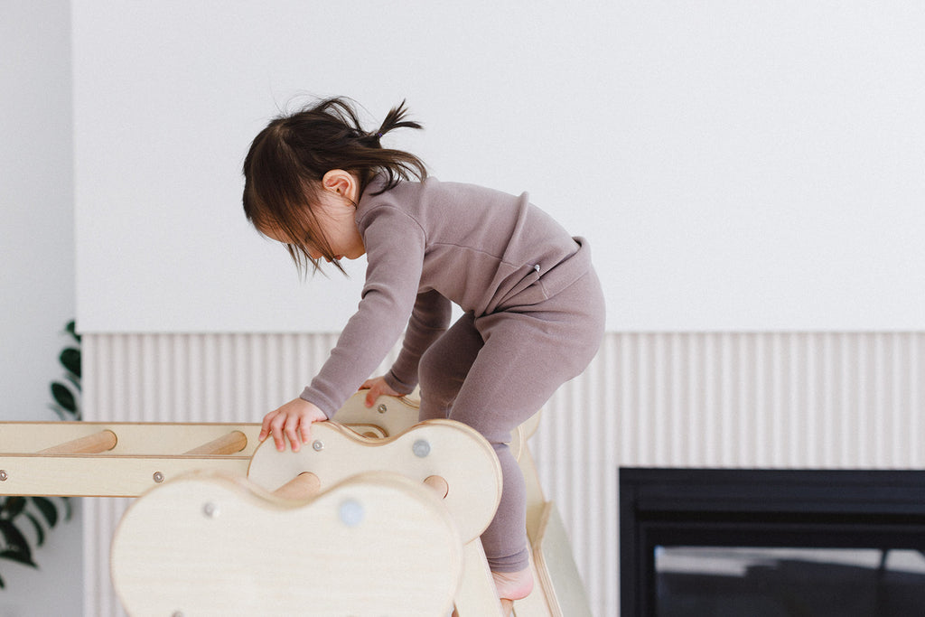 the little girl climbs up the play gym