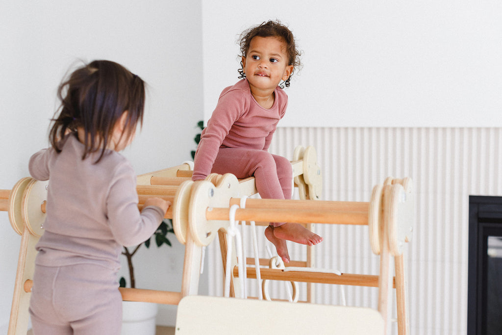 the little kids are playing on the climbing set