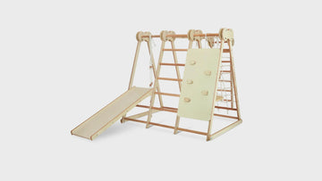 An animation showing how a wooden children's play gym can be configured and folded. 