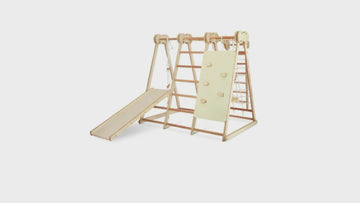 An animation showing how a wooden children's play gym can be configured and folded. 