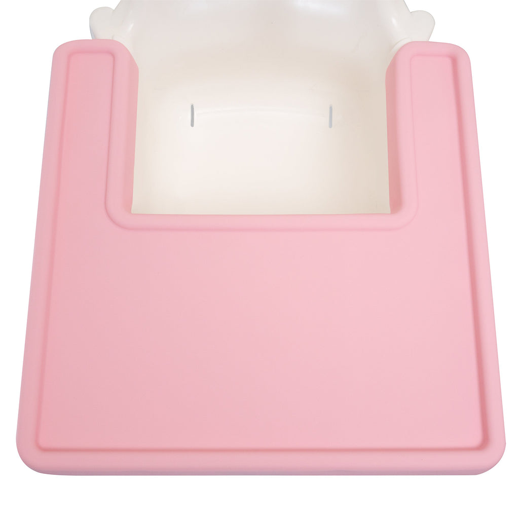 IKEA Antilop HighChair Full Coverage Placemat Cover in Rosie Pink style on a white highchair to help with baby led weaning and finger food feeding
