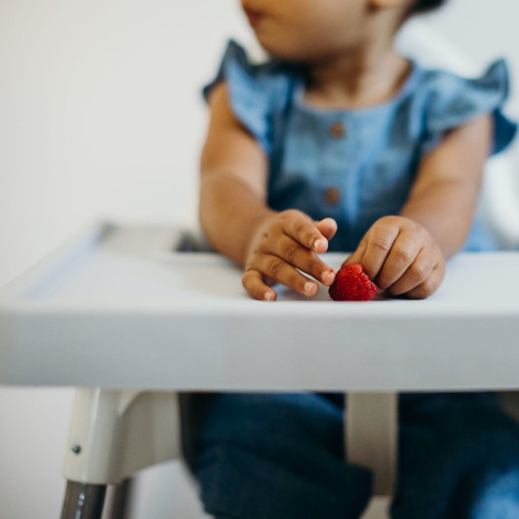 Child Sitting in Ikea Antilop Highchair and holding strawberry using the Full Coverage Placemat Cover