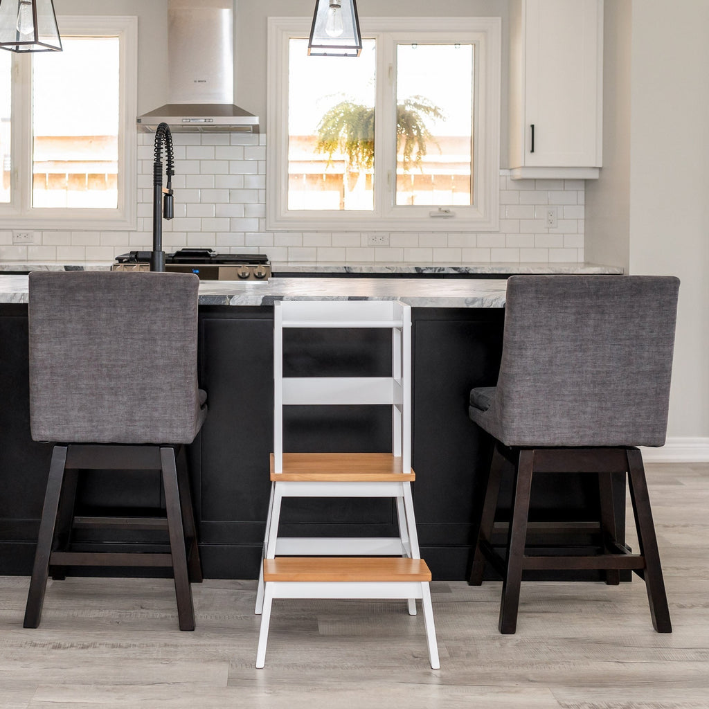 Montessori Toddler Learning Tower Kitchen Helper at counter in White and Early American Style