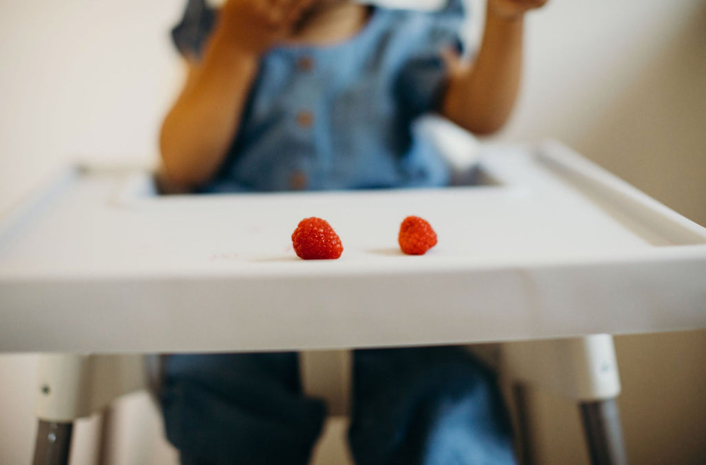 Closeup shot of raspbarries on Ikea Antilop Full Coverage Highchair Placemat cover with toddler eating in background